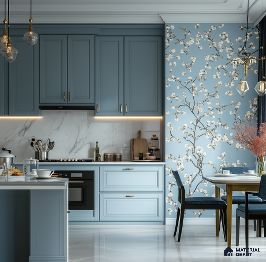 Classic Blue Kitchen with Floral Accent Wall and Marble Countertops | Material Depot