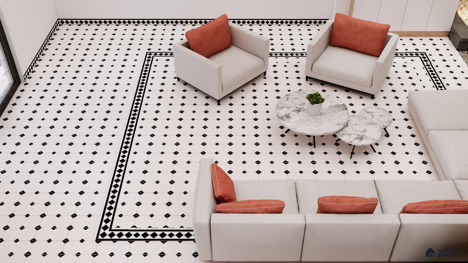 Classic Checkered Border Floor in Contemporary Living Room | Material Depot
