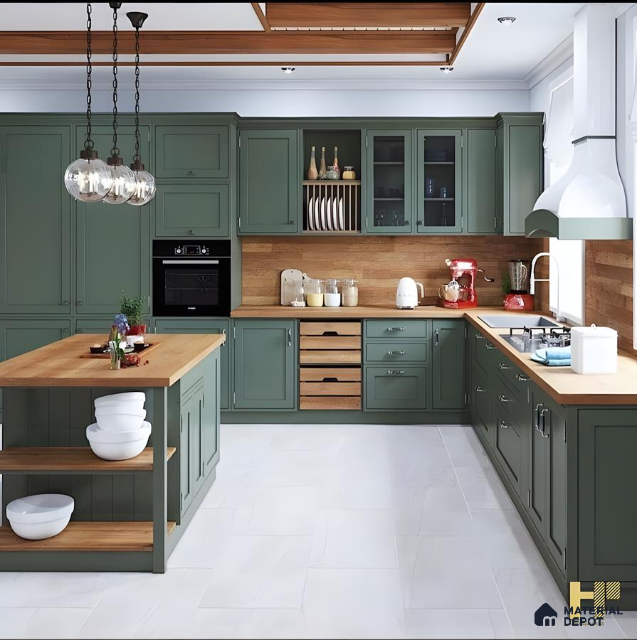 Classic Green Kitchen With Wood Accents And Island Storage | Material Depot