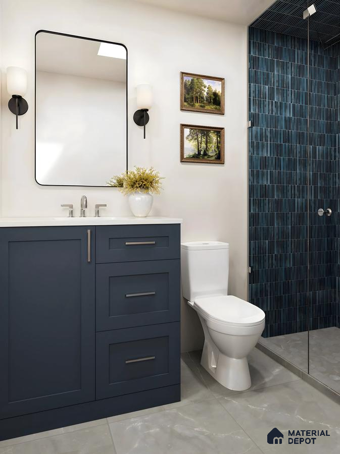 Classic Kitkat Bathroom Design with Marble Floor and Solid blue laminate Prestige Finsbury Park Bagalur | Material Depot