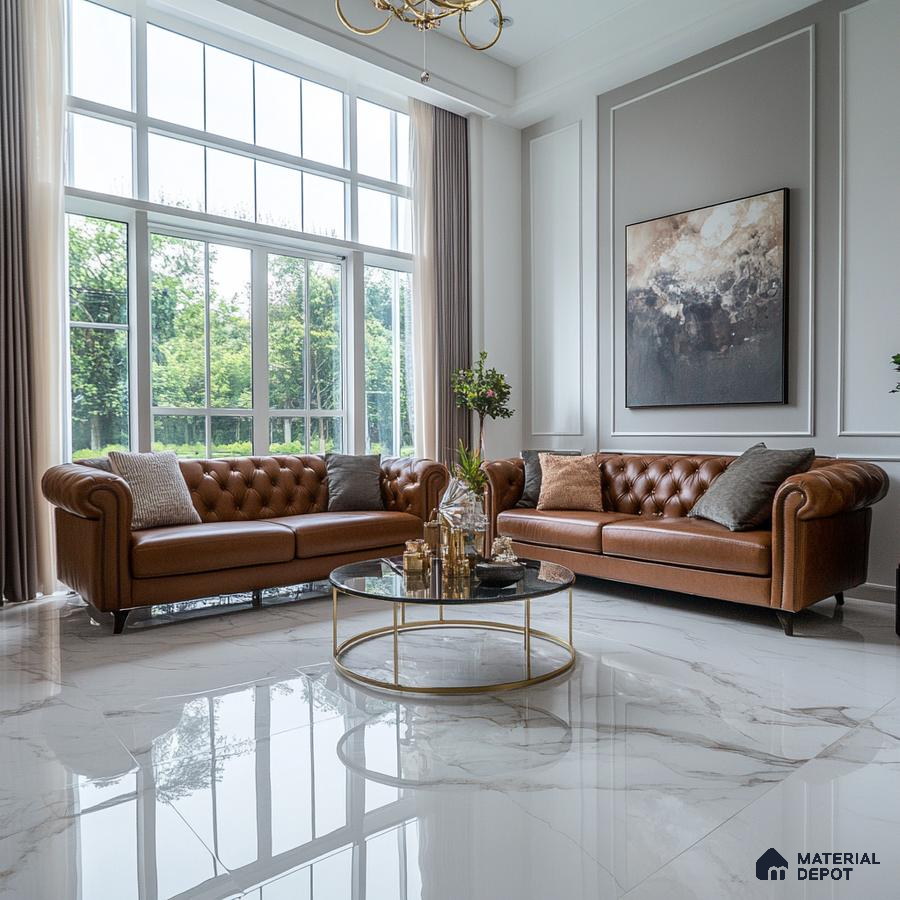 Classic Living Room with Leather Sofas and Large Windows | Material Depot