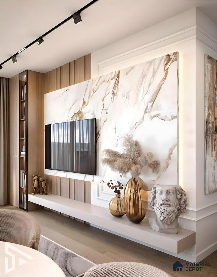 Classic Luxe: Marble Accent Tv Wall With Sculptural Decor And Warm Lighting | Material Depot