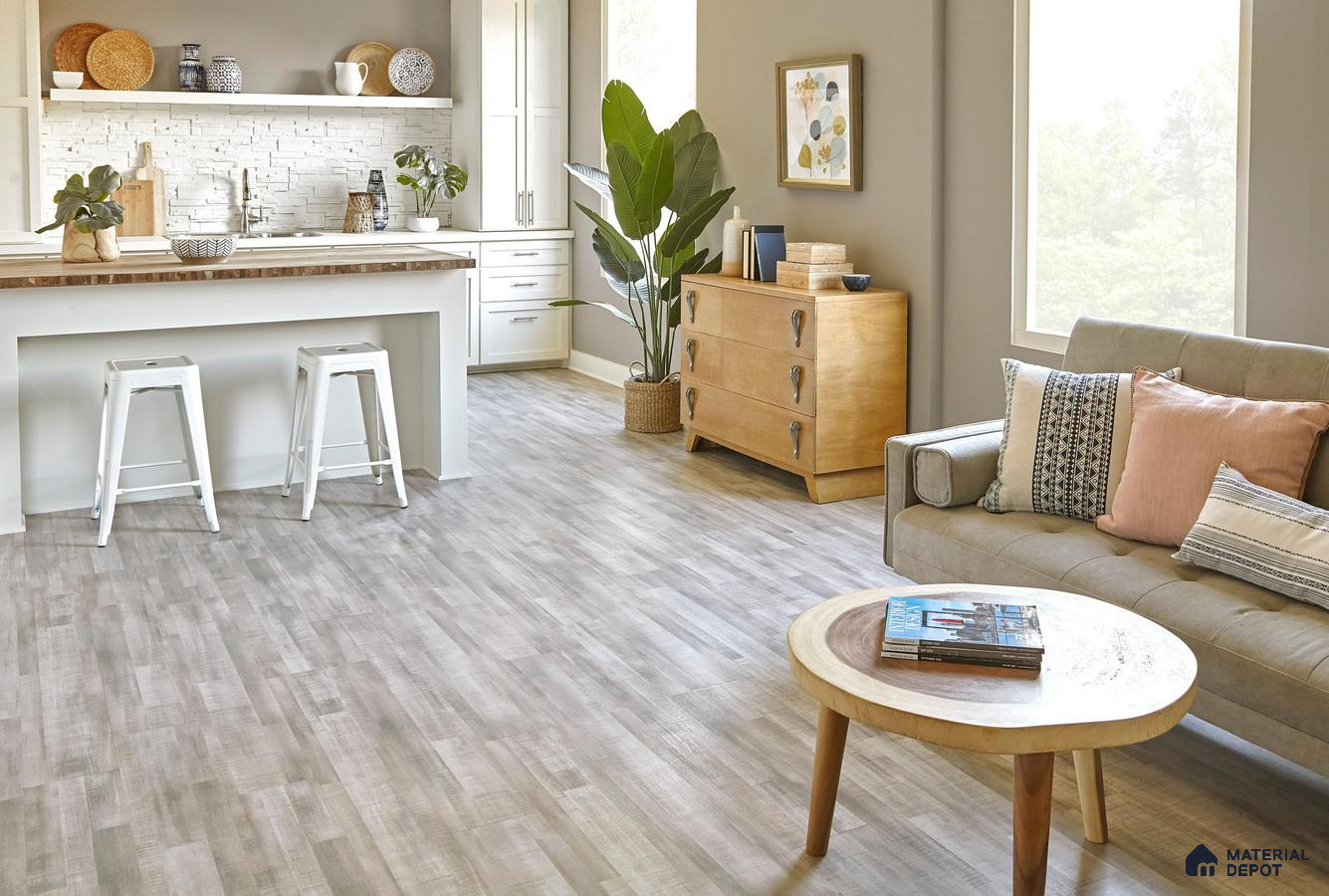 Living room with marble tile floor and patterned stone tiles