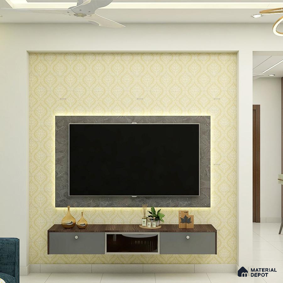 Classic TV unit with yellow wallpaper
