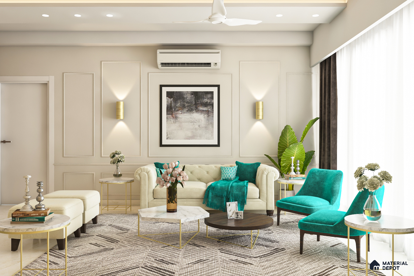 Elegant classic white living room with turquoise blue accents and stylish design."