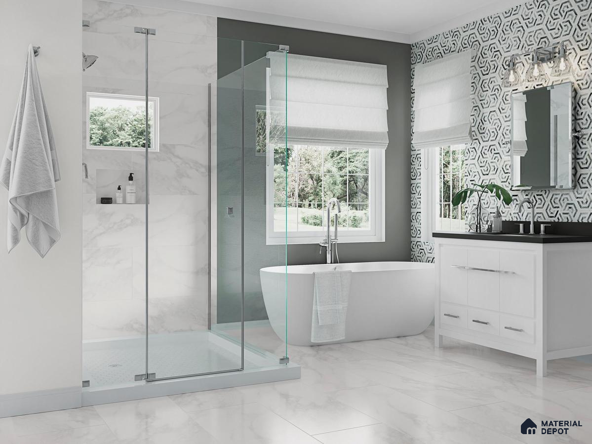 Bathroom with marble tile and patterned tile