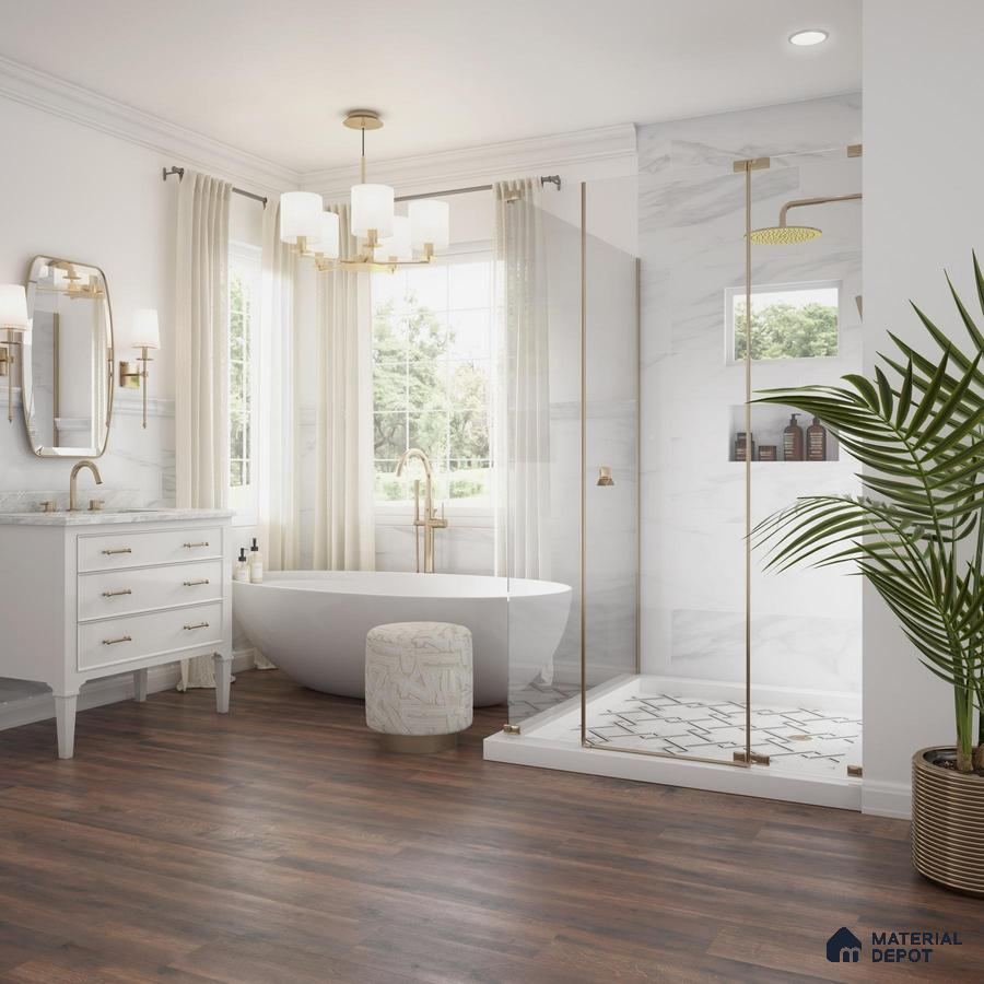 Bathroom with wooden laminate floor and beige laminate