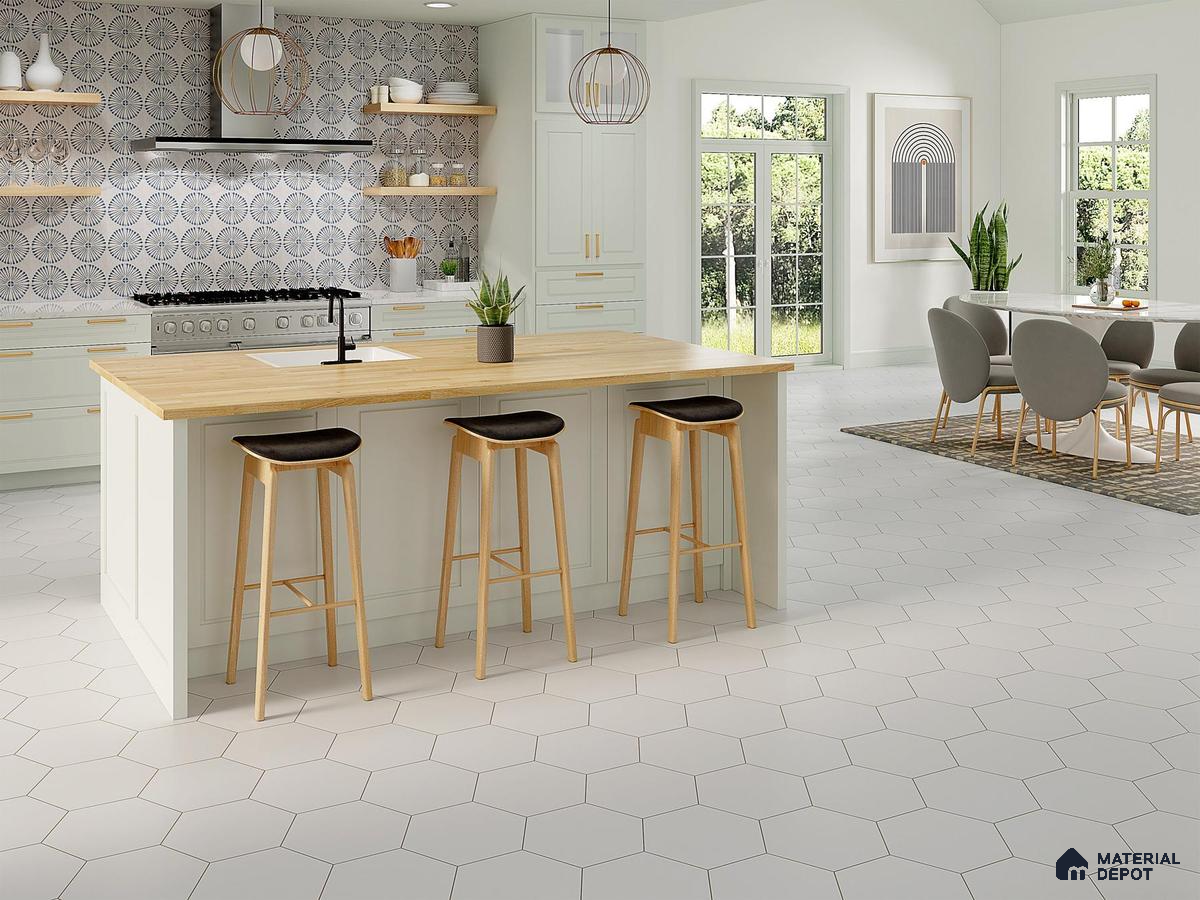 Kitchen with hexagonal tiles and wooden countertop