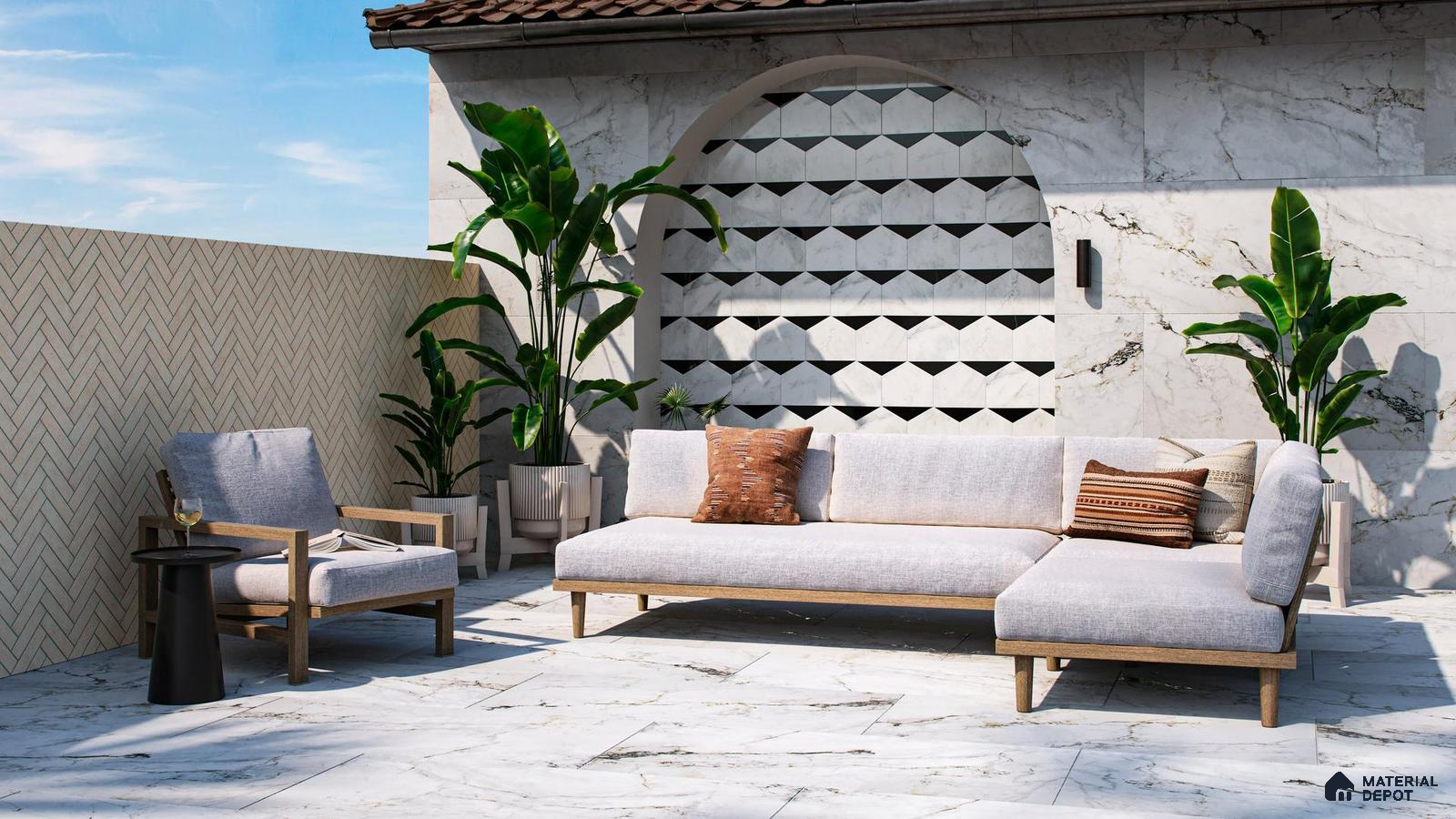 Outdoor area with marble tiles and patterned louvers