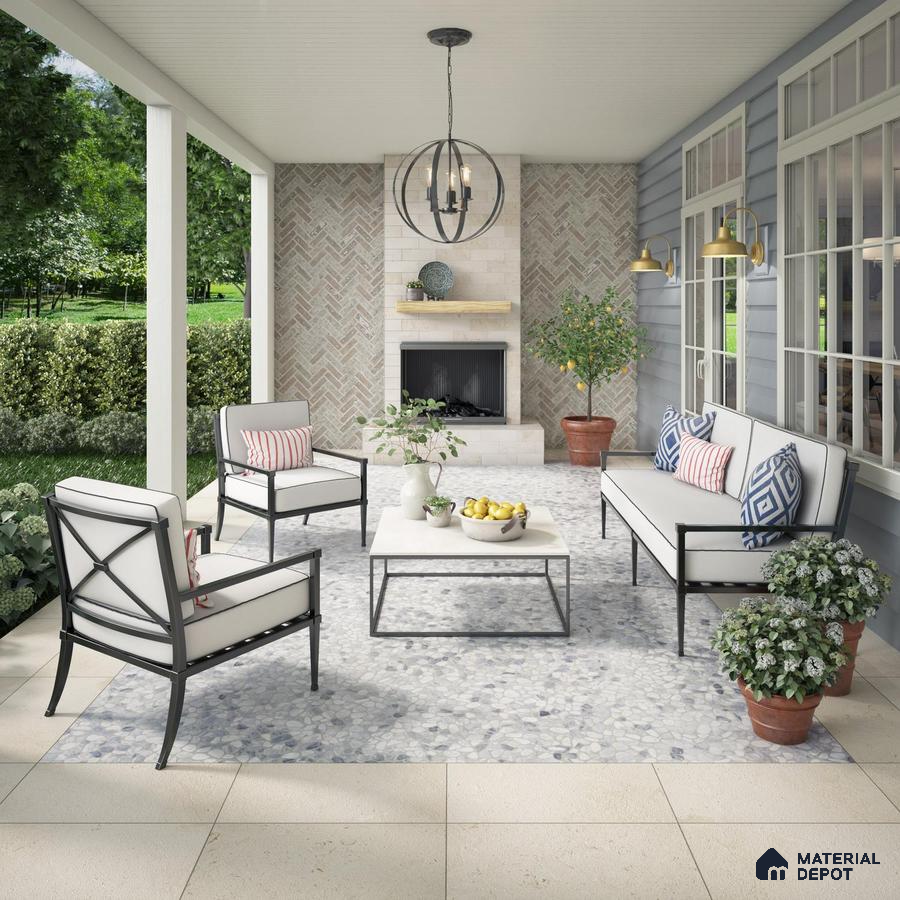 Outdoor space with marble floor tiles