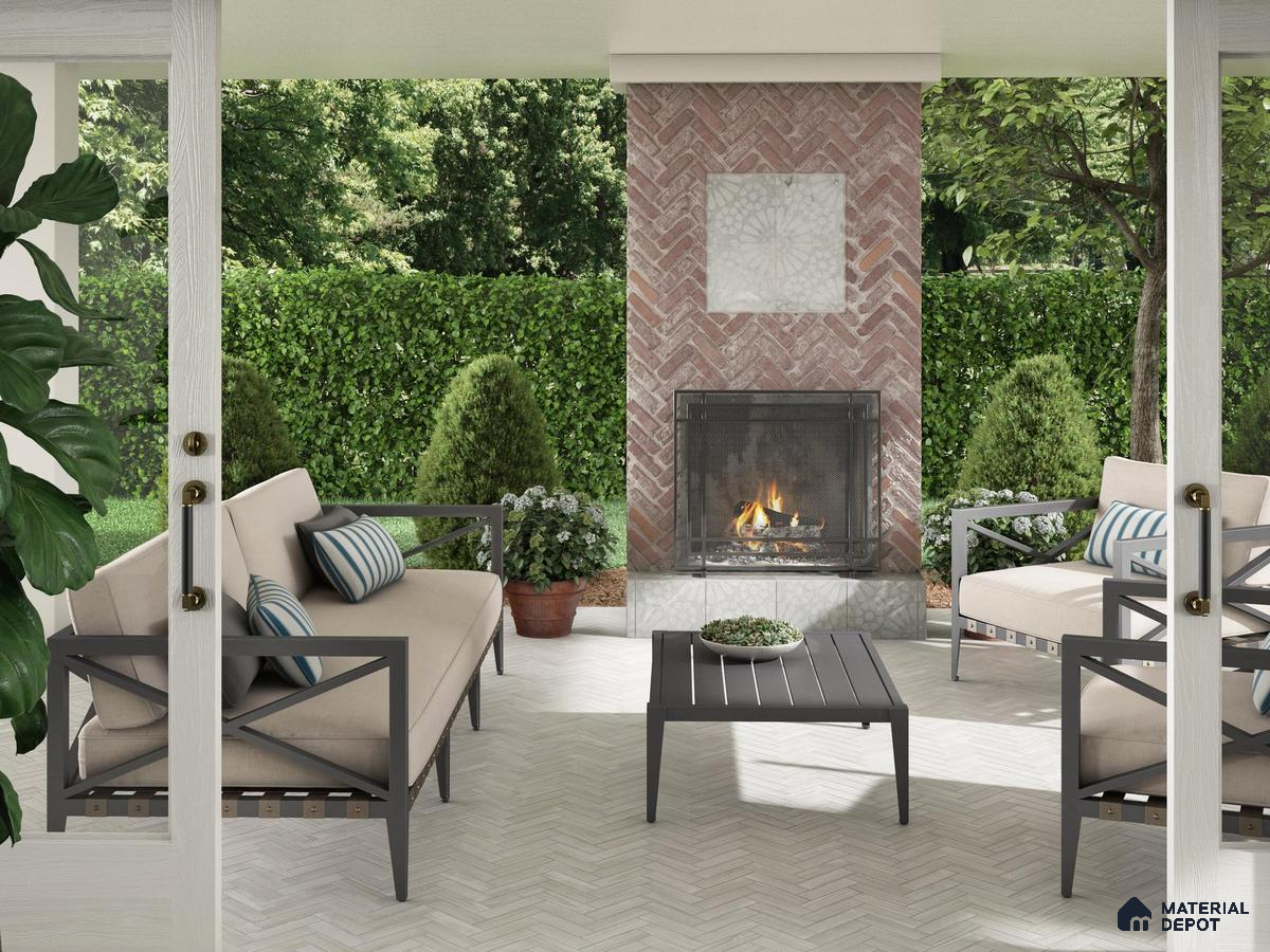 Outdoor space with patterned tiles and louvers