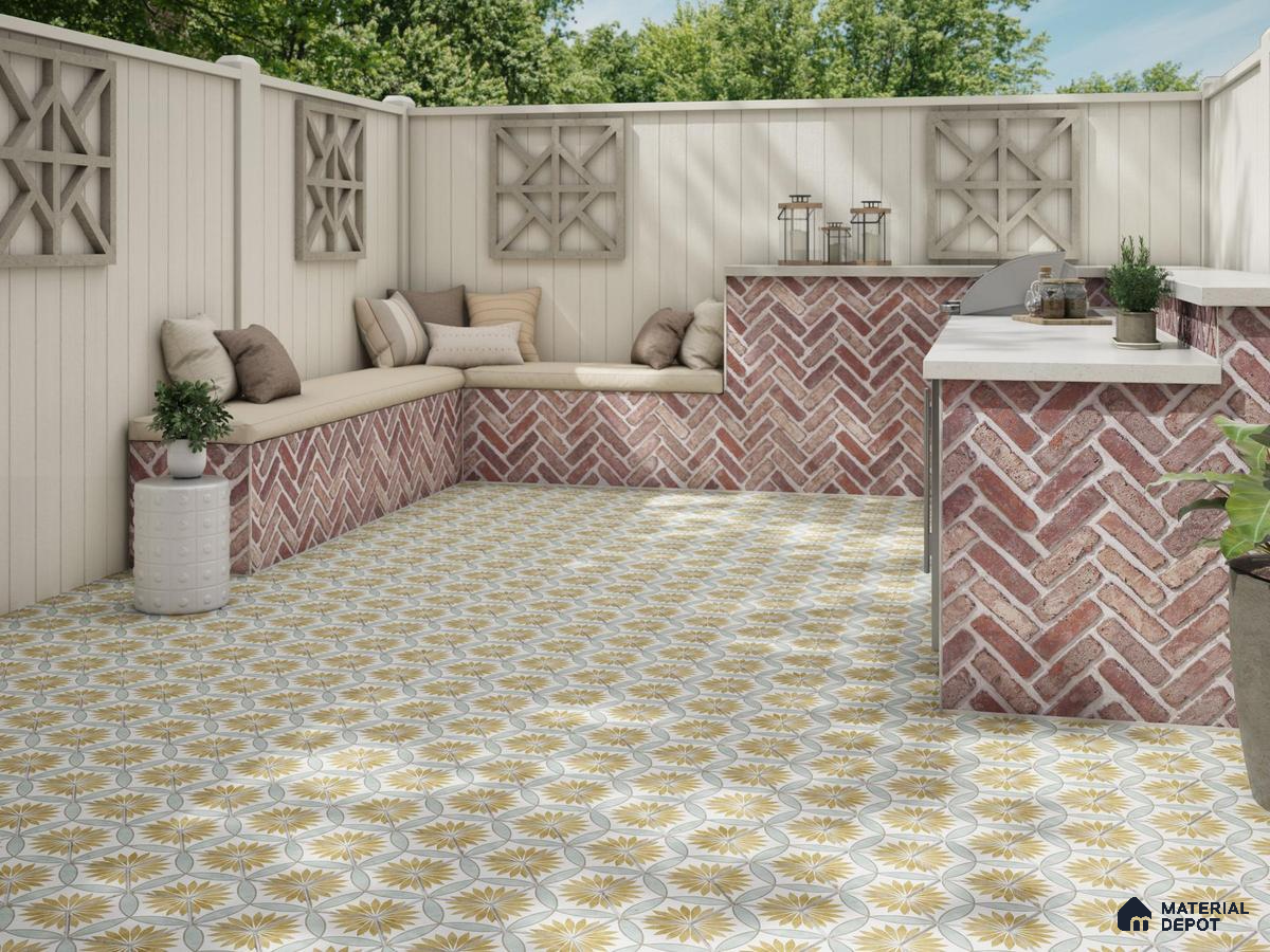 Outdoor place with patterned floor tiles and stone wall tiles