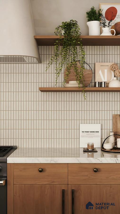Close-up View of a Kitchen Design Counter with Open Shelving and Tile Backsplash Prestige Southern Star Begur Road | Material Depot