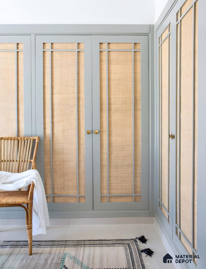 Coastal-Inspired Wardrobe With Powder Blue Frames And Natural Woven Jute Panels | Material Depot