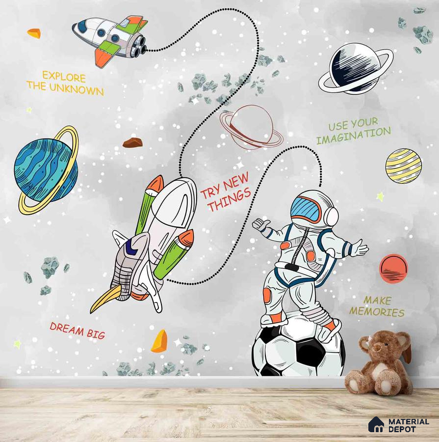 A close-up of a Personalised Space Kids Room Wallpaper, Colorful Sparkla N Shine Series Space Design (Customised Size Wallpaper) with a finish available at Material Depot in Bangalore