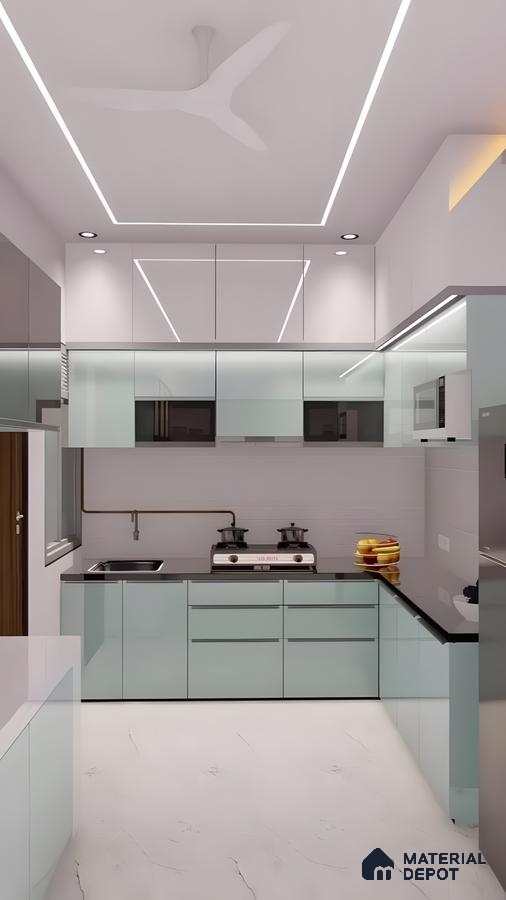 Compact L-Shaped Modular Kitchen With Aqua Gloss Cabinets And Sleek Black Countertop | Material Depot