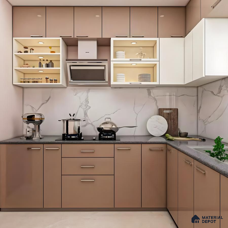 Compact Modern Kitchen with Soft Beige and Cappuccino Tones and Open Shelving Display | Material Depot