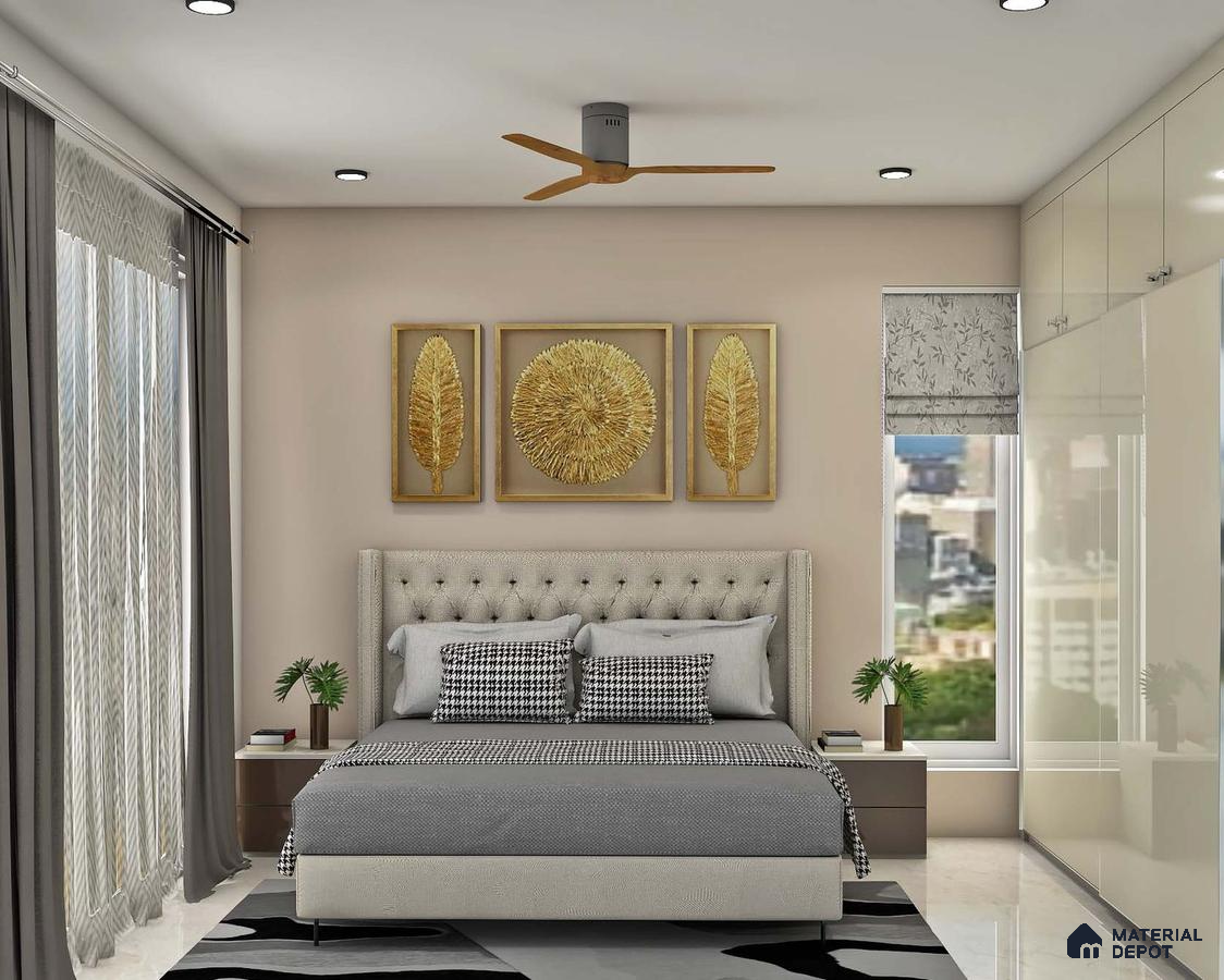 Master bedroom with marble tile flooring and glossy beige laminate closet