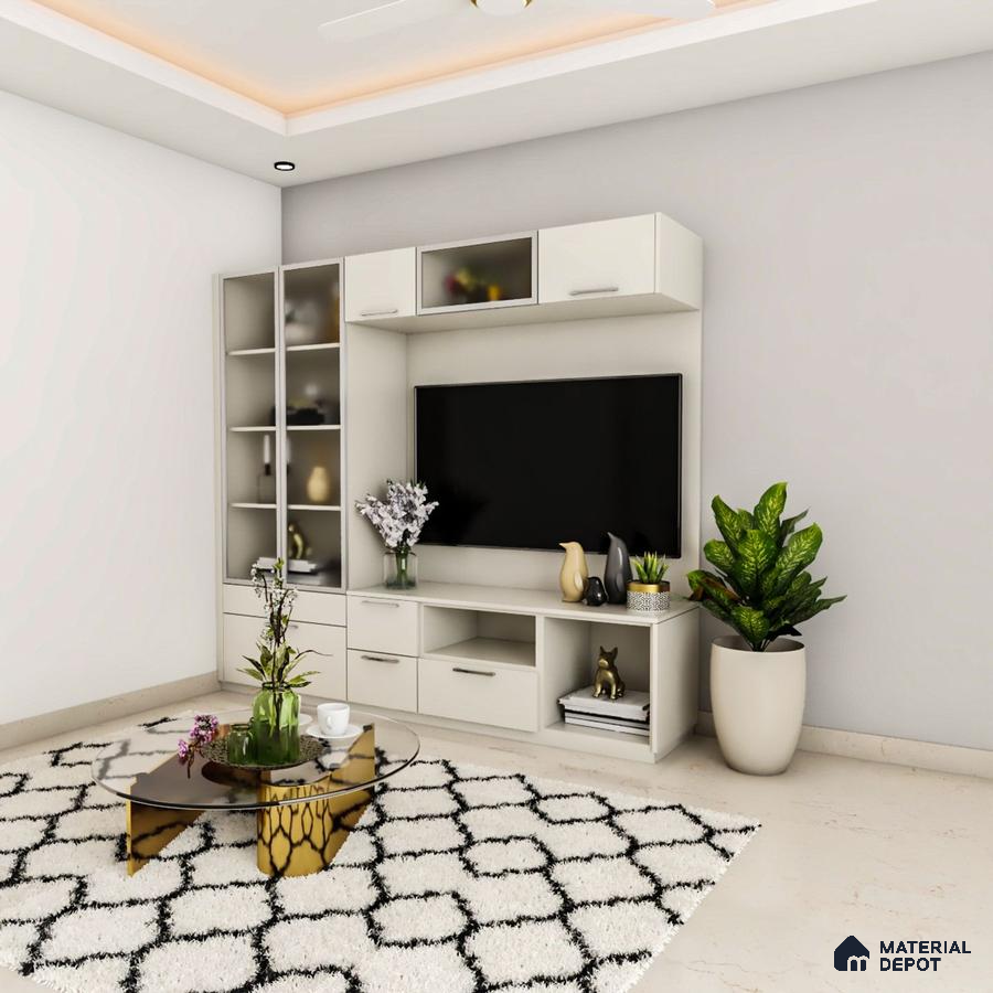 Modern white TV unit for compact spaces.