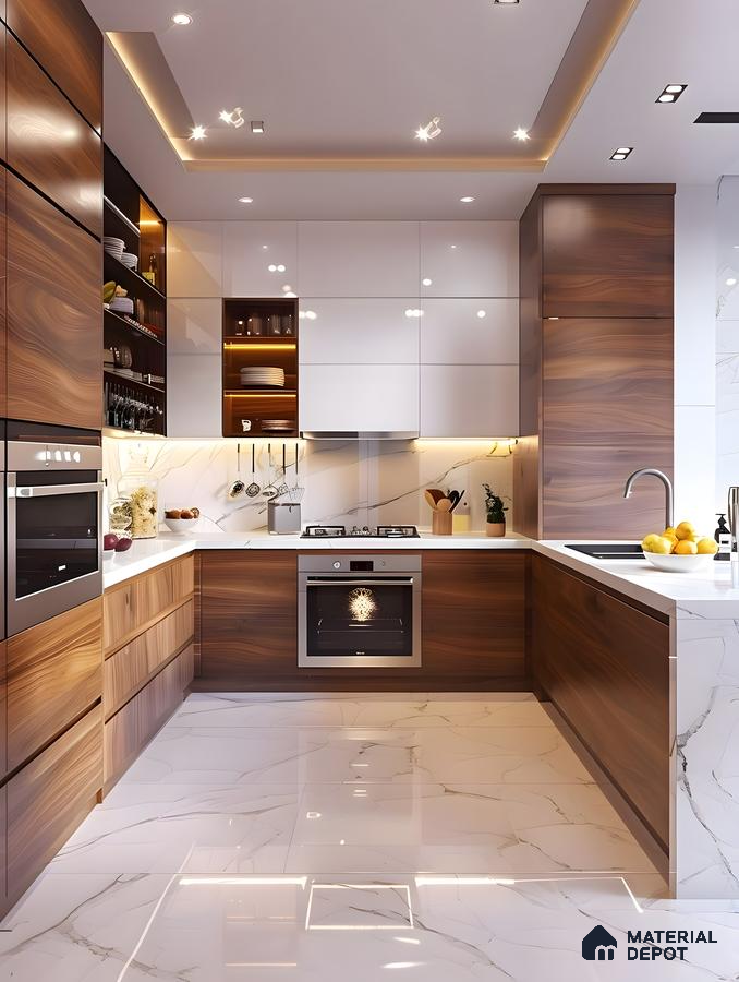 Contempo Luxe Kitchen With Walnut Wood & Glossy White Cabinets, Marble Flooring & Ambient Lighting | Material Depot