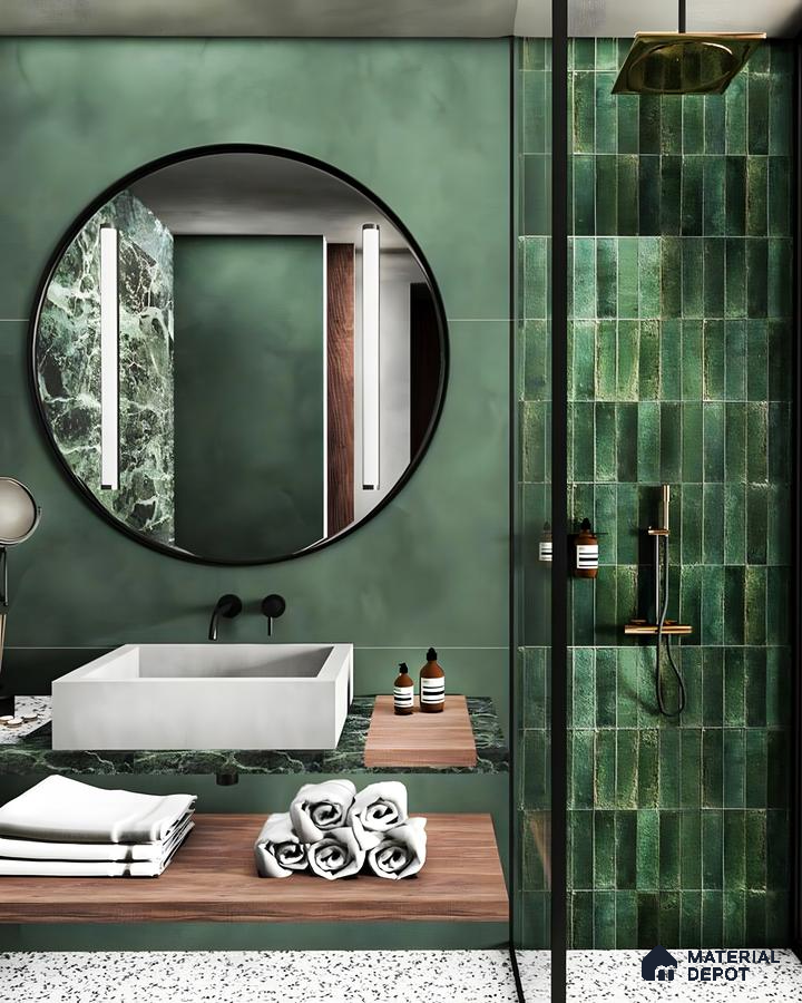 Contemporary Bathroom Design with Elegant Green Tiles and Minimalist Features | Material Depot