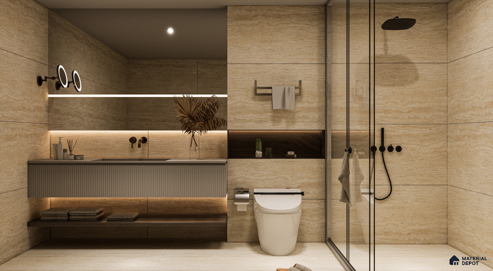 Contemporary Bathroom with Beige Travertine Tiles and Modern Fixtures | Material Depot
