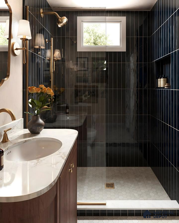 Contemporary Bathroom Design with Black Vartical Tile and Hexagonal floor tile Casagrand Lorenza Kogilu | Material Depot
