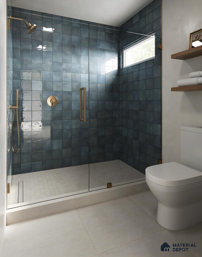 Contemporary Bathroom Design with Blue Square Tile Shower and Glass Enclosure Godrej Woodland Sarjapur Road | Material Depot