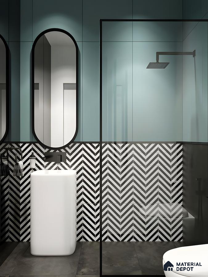 Contemporary Bathroom with Chevron Tile Accents | Material Depot