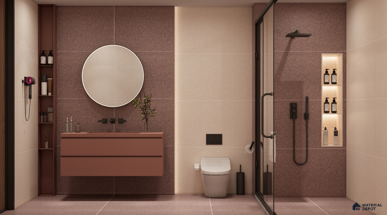 Contemporary Bathroom with Cream and Terracotta Textured Tiles | Material Depot