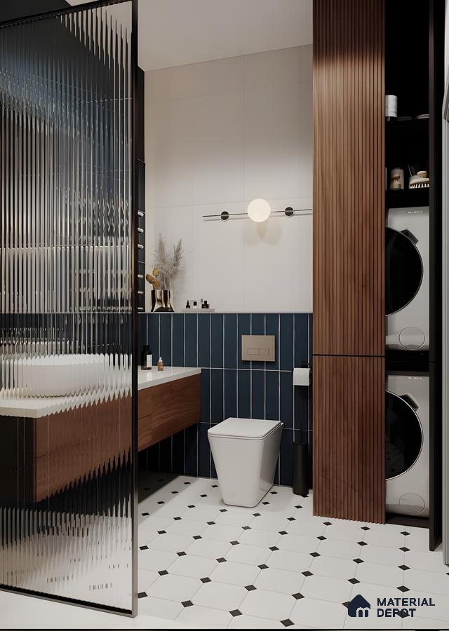 Contemporary Bathroom With Fluted Glass, Wood Accents, And Black & White Tiled Floor | Material Depot