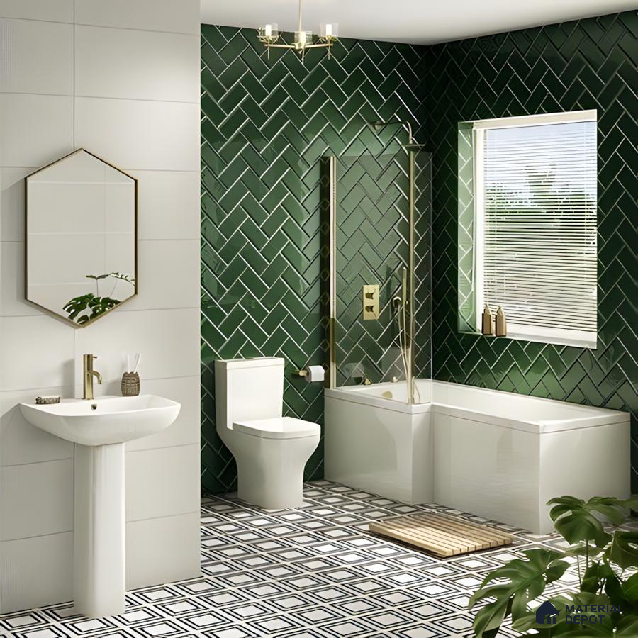 Contemporary Bathroom with Green Herringbone Tiles | Material Depot