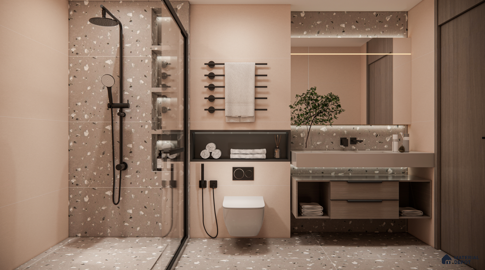 Contemporary Bathroom with Terrazzo Tiles and Black Fixtures | Material Depot