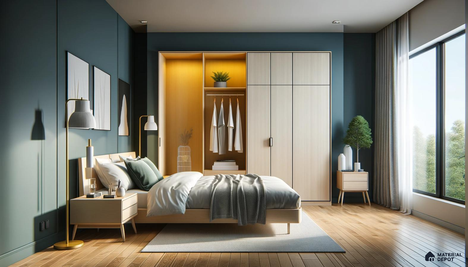 Contemporary Bedroom Haven with Teal Hues and Wood Elements | Material Depot