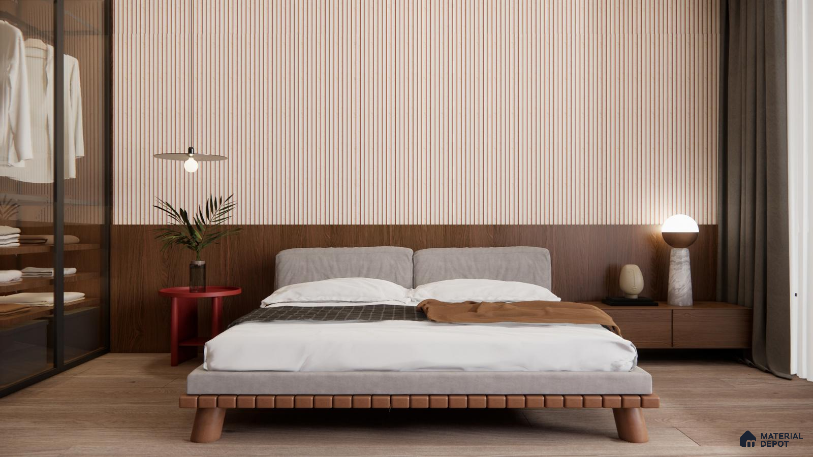 Contemporary Bedroom with Beige Fluted Panel and Walnut Wood Accents | Material Depot