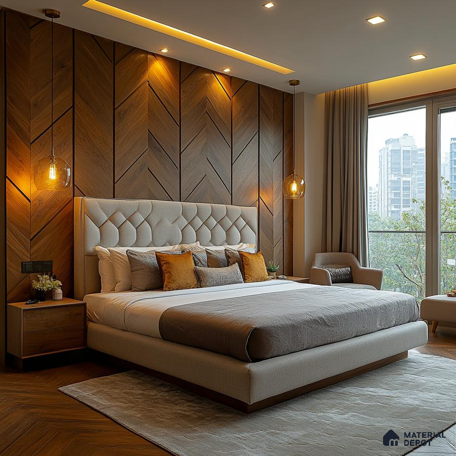 Contemporary Bedroom Design with Chevron Wood Wall and City View Purva Blubelle Magadi Road | Material Depot