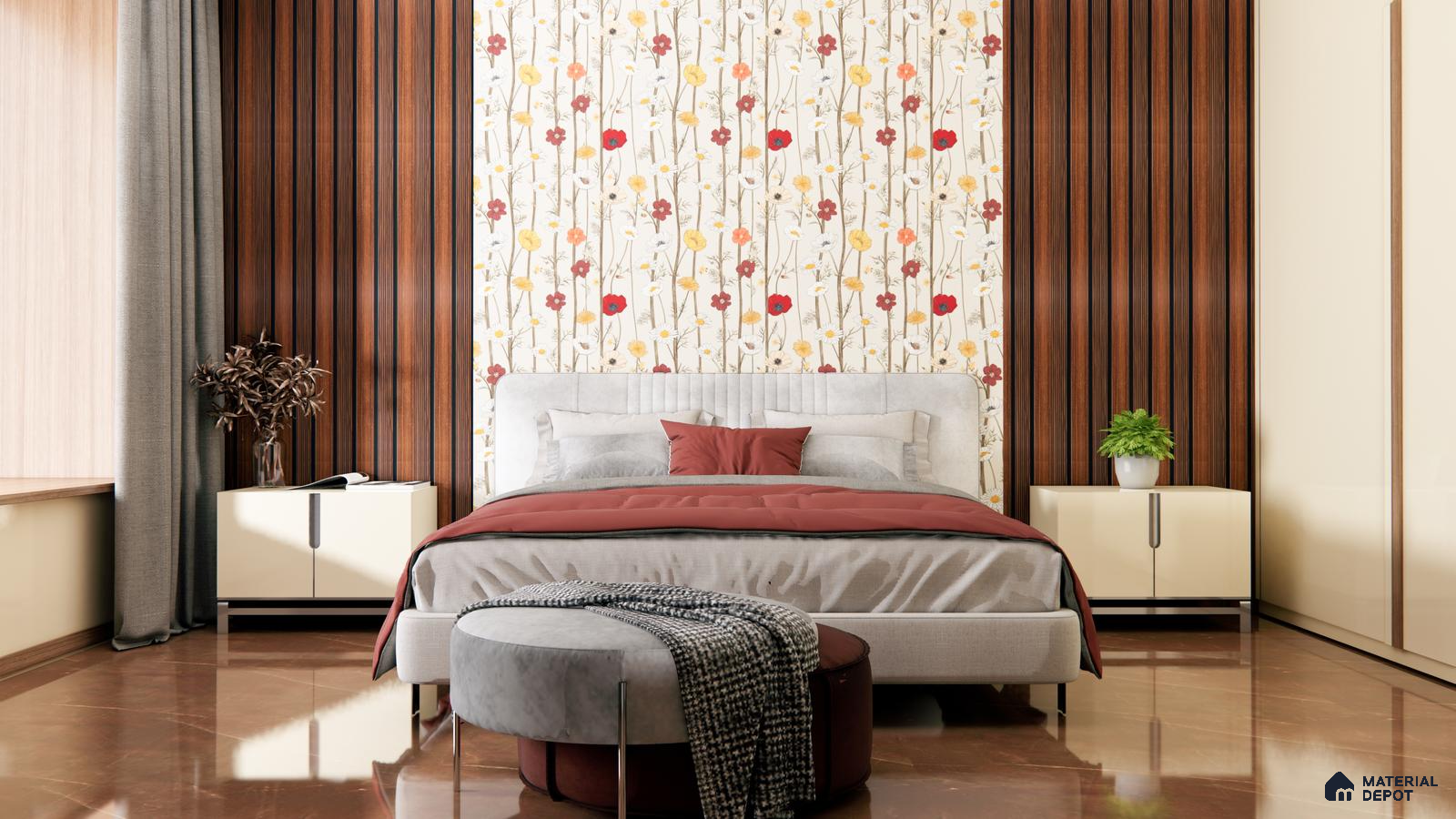 Contemporary Bedroom with Floral Accent Wall and Warm Wood Paneling | Material Depot