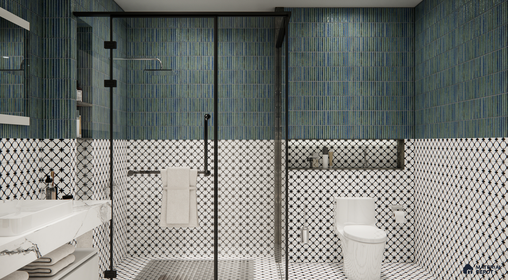 Contemporary Blue and White Bathroom with Geometric Patterns and Vertical Tiles | Material Depot