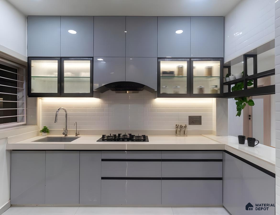 Contemporary Blue Kitchen With Fluted Glass Cabinets And Subway Tile Backsplash | Material Depot