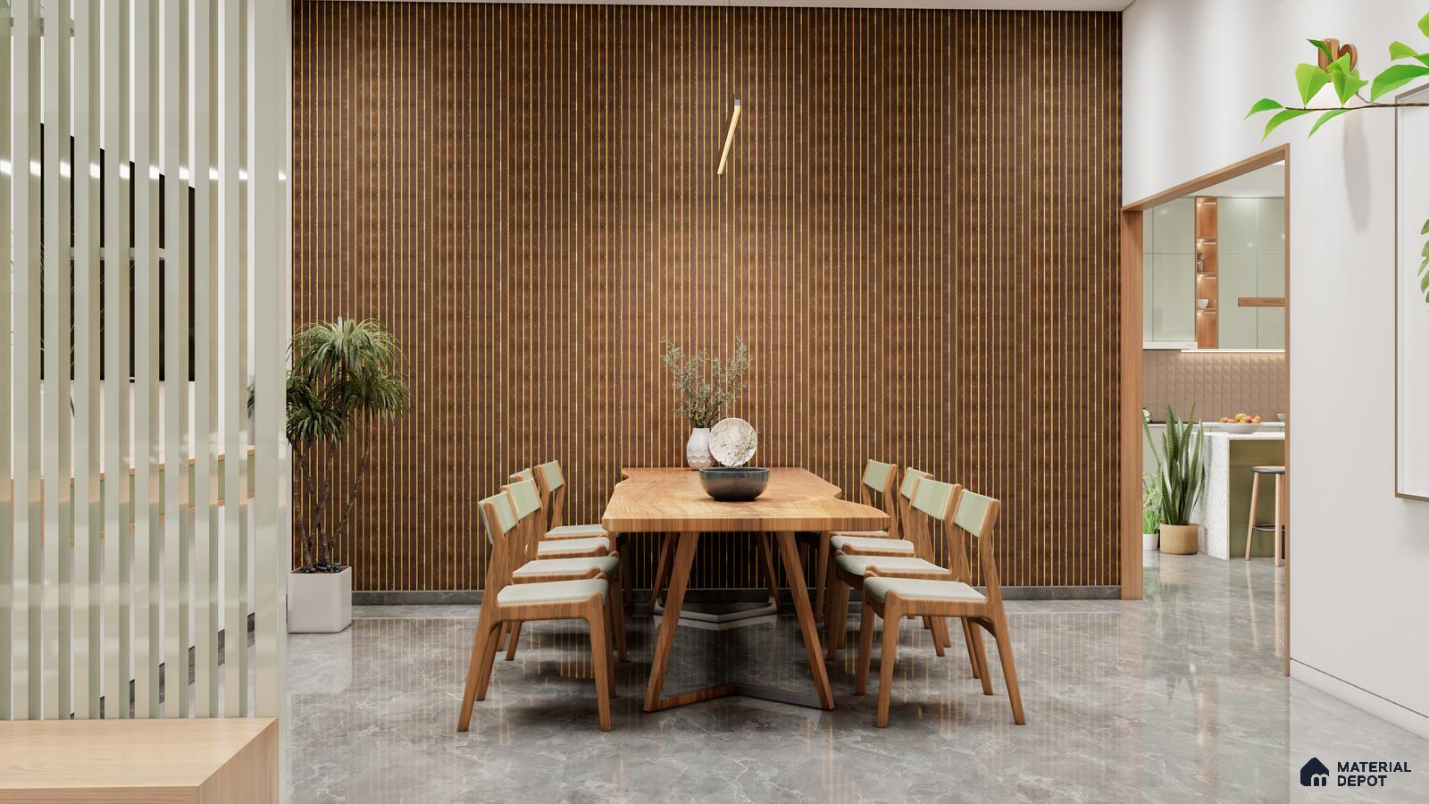Contemporary Dining Area with Vertical Fluted Panel Feature Wall | Material Depot