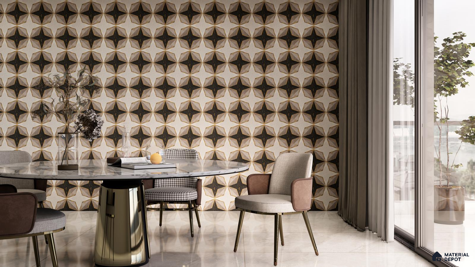 Contemporary Dining Space with Black and Beige Star Pattern Wall Tiles | Material Depot