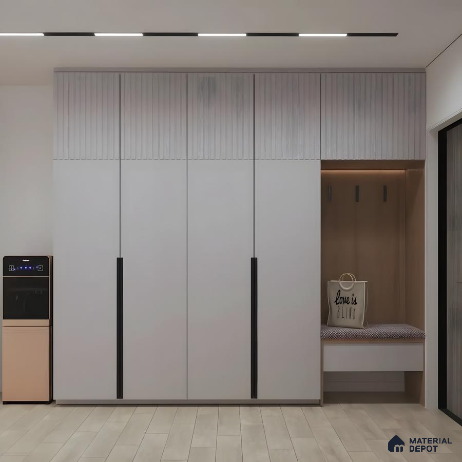 Contemporary Entryway Wardrobe With Matte Cabinets And Built-In Seating Nook | Material Depot