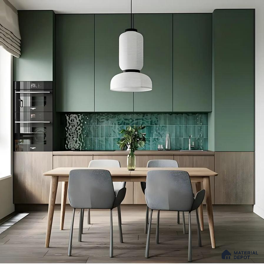 Olive Green and Terracotta Kitchen with Textured Backsplash | Material Depot
