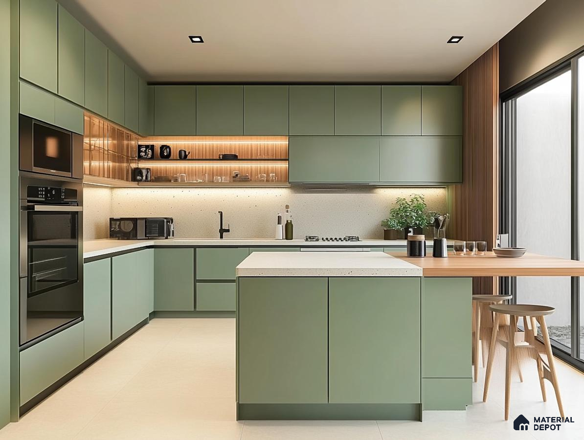 Contemporary Green Kitchen with Warm Wooden Features | Material Depot