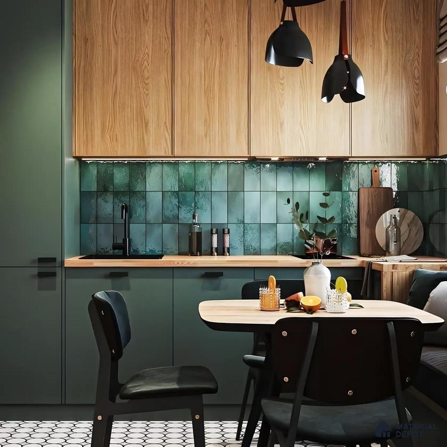 Contemporary Green Kitchen with Wood Accents | Material Depot