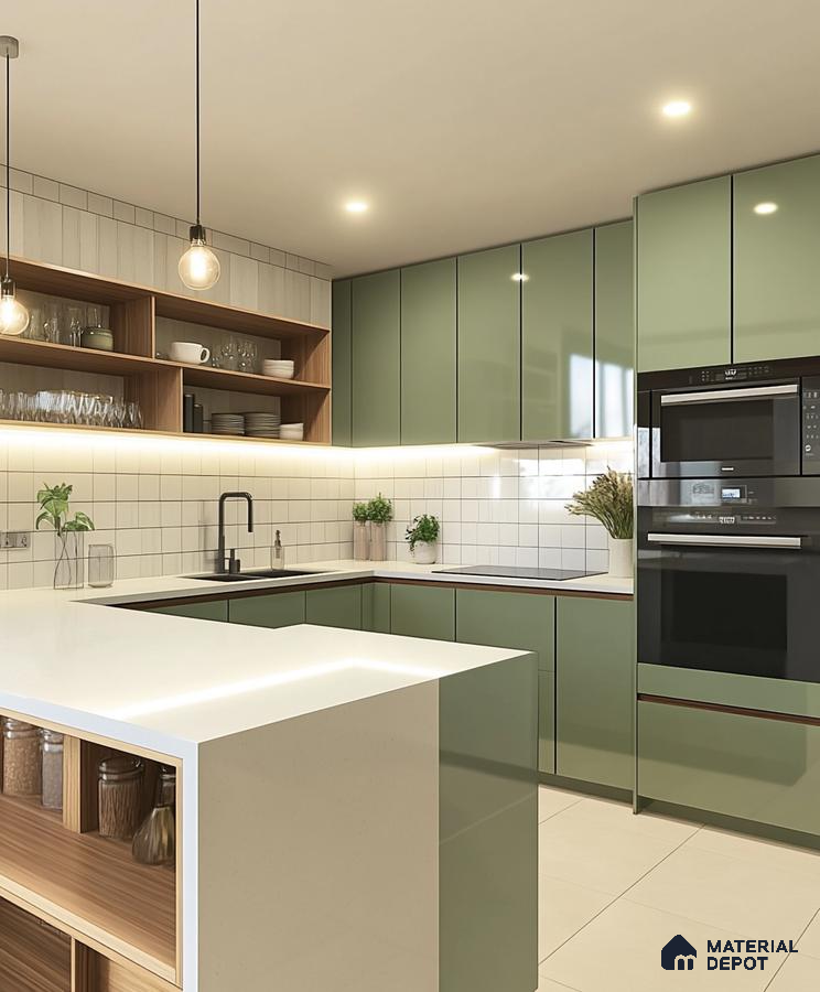 Contemporary Green Kitchen with Wooden Accents | Material Depot