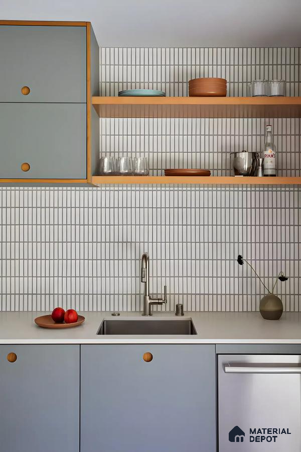 Minimalist Kitchen with Vertical Stack Tiles and Soft Blue Cabinetry | Material Depot