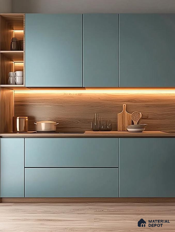 Contemporary Kitchen Design: Aqua Blue Cabinets with Warm Wood Lighting | Material Depot
