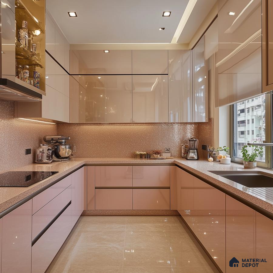 Contemporary Kitchen in Blush Tones with Sparkling Backsplash and High-Gloss Cabinets | Material Depot
