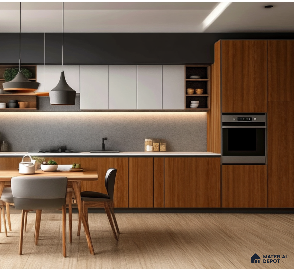 Contemporary Kitchen with Warm Wooden Laminates and Sleek Modern Design | Material Depot
